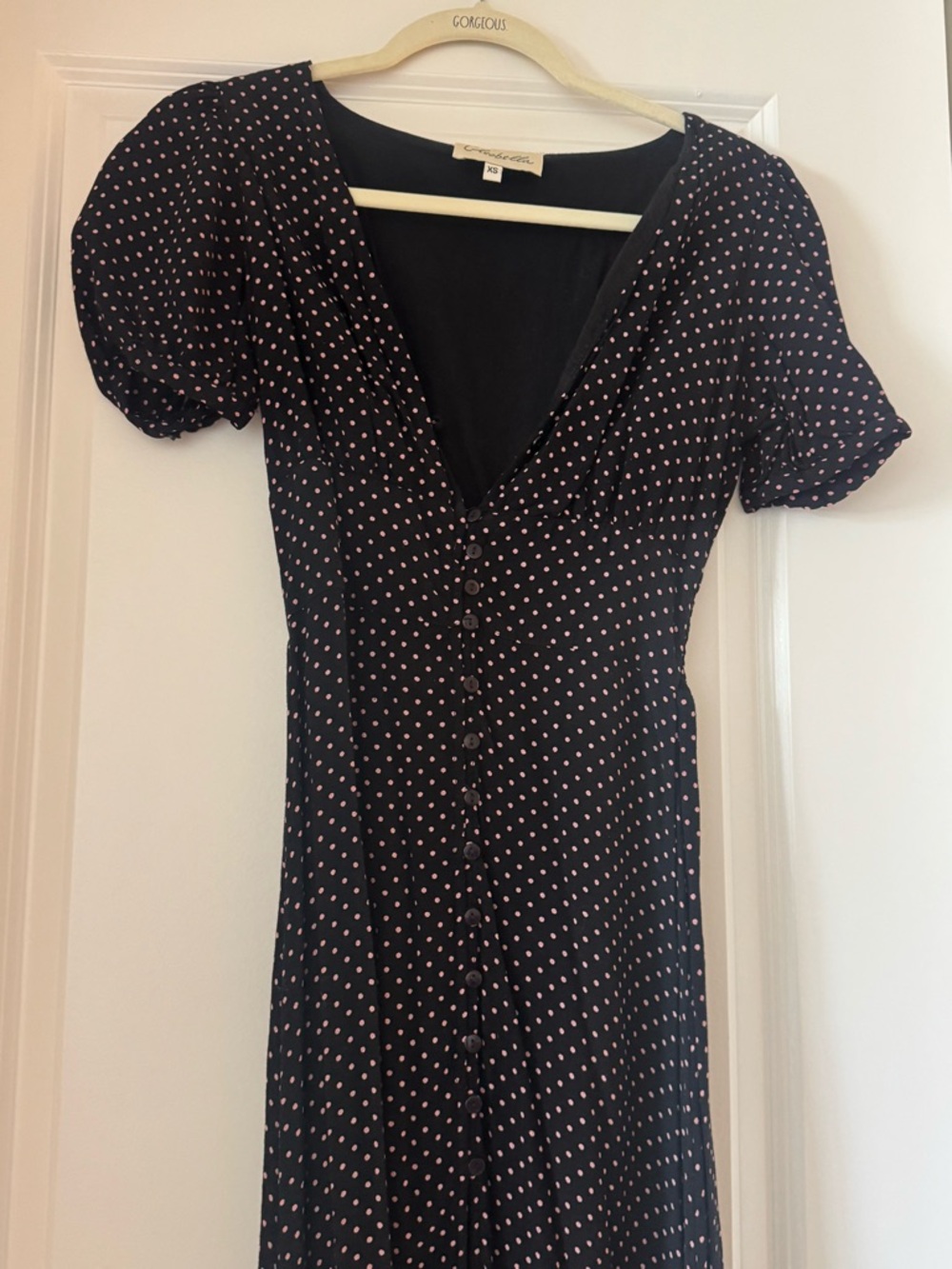 Cleobella Black Midi Dress with Pink Polka Dots